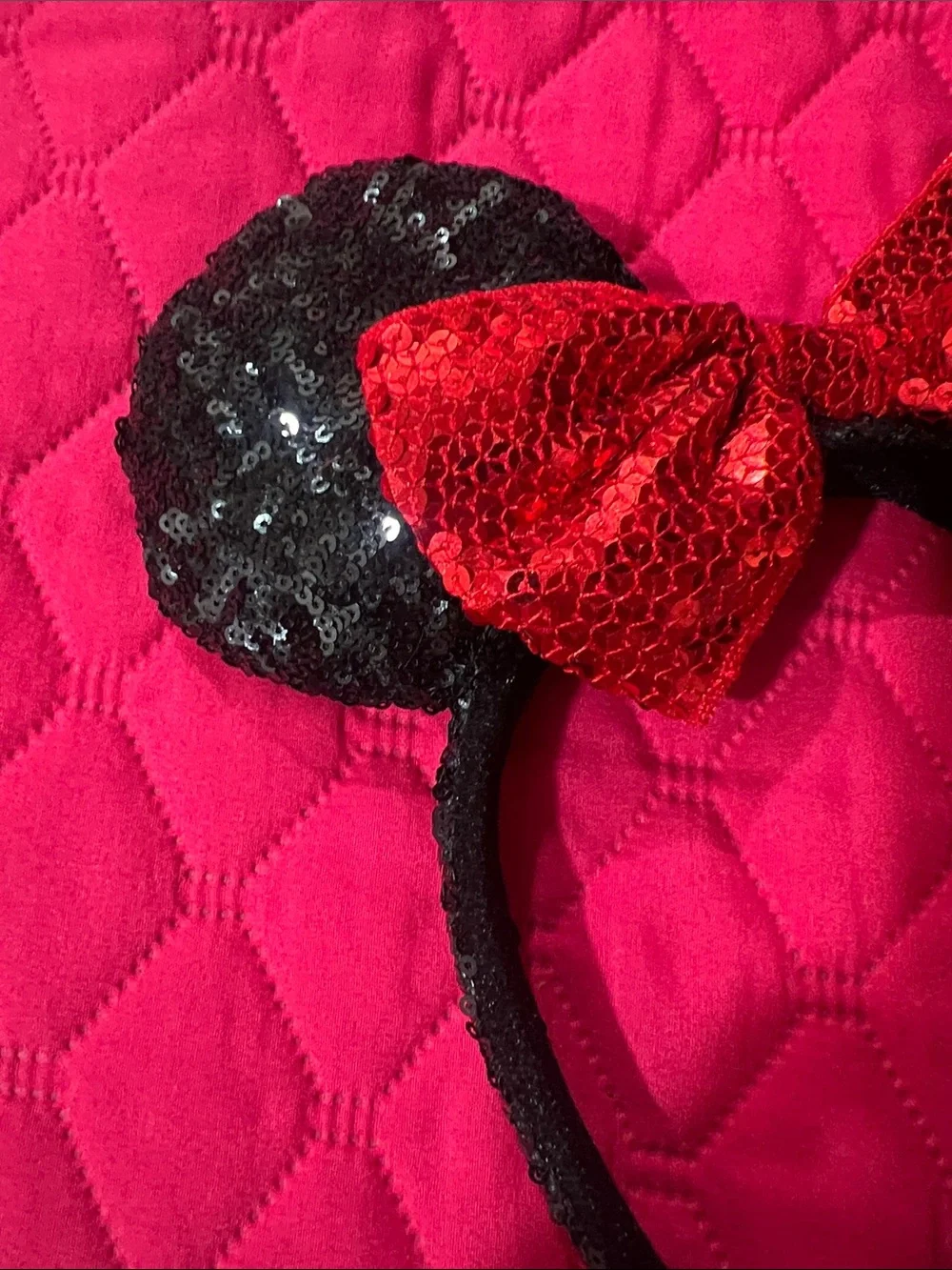 Black Sequin Mouse Ear Headband with Red Sequin Bow